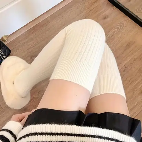 White Cozy Ribbed Thigh High Socks