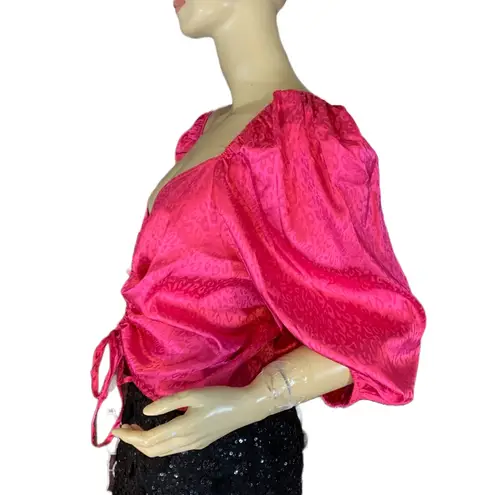 Vine & Love PINK SATIN LEOPARD PRINT PUFFED SLEEVE DRAWSTRING BLOUSE (3X)