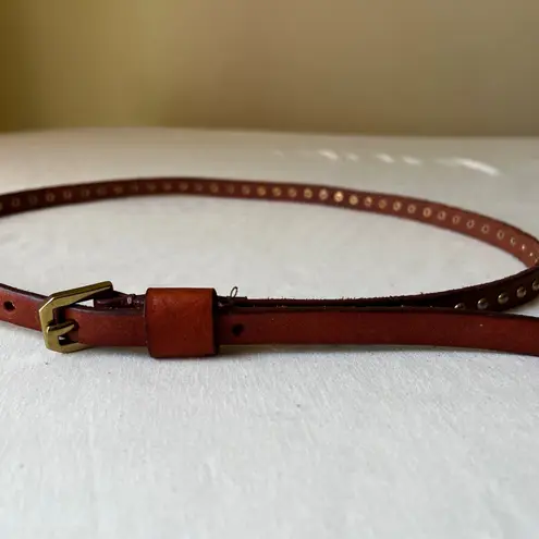 Y2K Brown Leather Studded Skinny Belt Brass Rivet Detailing Size Medium