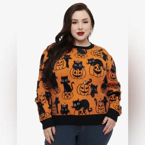Blackmilk Halloween Whimsigoth Pumpkin Black Cat Orange Knit Fall Sweater XL-XXL