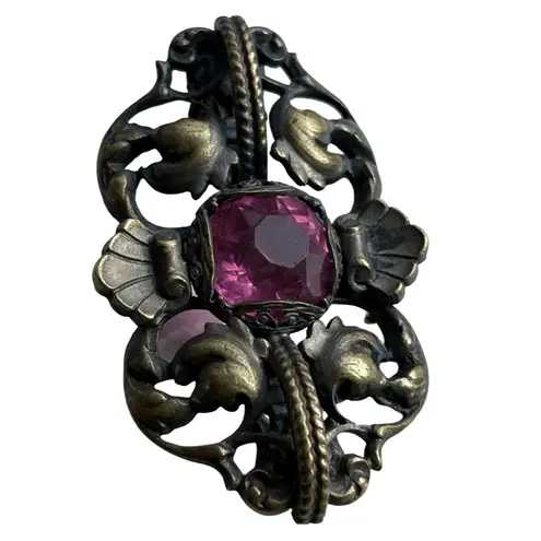 Antique Victorian Paste Brooch Gothic Revival Dark Patina Metal Pink