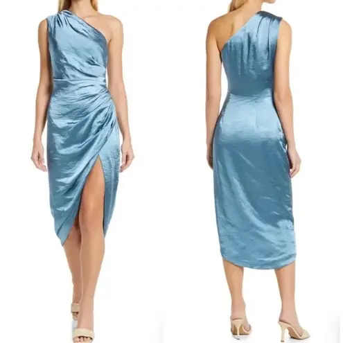 Elliatt Revolve Cassini One-Shoulder Satin Ruched Gown Dress Slit Blue Formal XS