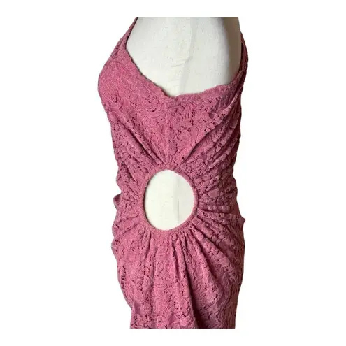 Saylor Pink Lace Velvet Long Sleeve One Shoulder Ruched Cut Out Mini Dress XS