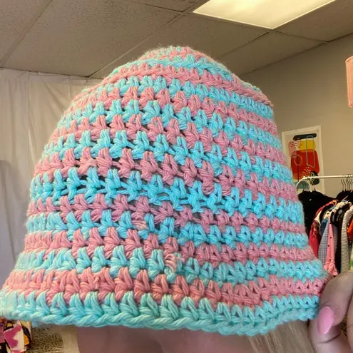 Handmade  Crochet Knit Beanie Hat Blue Peach