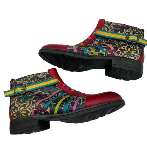 Socofy Womens Size 39 US 8 Artsy Leather Ankle Boots Multicolor Boho Chic Hippie Red