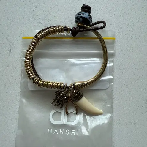 Bansri Lucky Charm Bracelet Gold Coil Leather Elephant, Wishbone & Tusk Pendant Brown