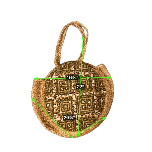 Philia & Agape Round Jute Bag Shells Woven Geometric Pattern Top Handle Green