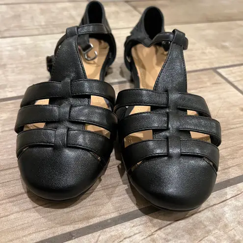 Genuine Leather Sandals gladiator Roman Loafers Flats Slip On Office Shoes Pumps Sling back peep toe ankle strap Black Size 5.5