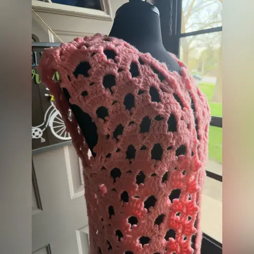 Vintage handmade 70/80s pink crochet open weave tunic vest, one size