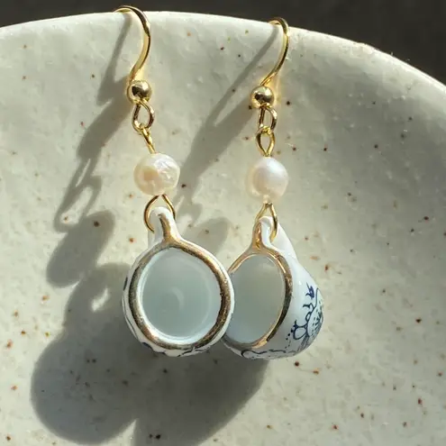 Handmade porcelain tea cup & freshwater pearls unique fun fairy antique style dangle earrings🫖🍃🌀