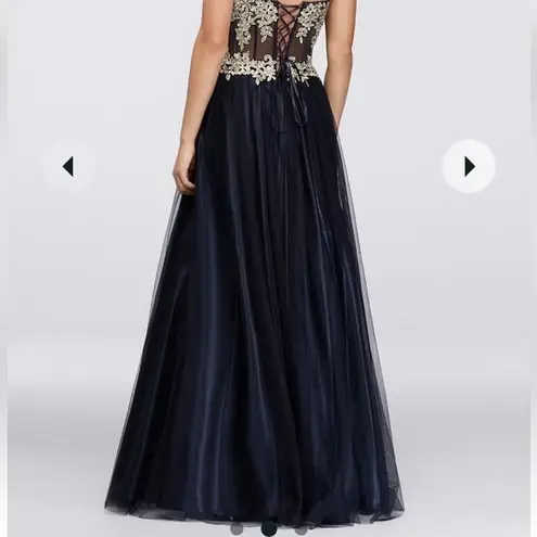 Blondie Nites Gown Juniors Size 9 Navy Long Mesh Gown Corset Style Gold Prom