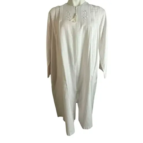 Miss Elaine Vintage Pink and White Cotton Zip Front Embroidered Kaftan Size M