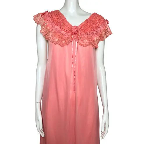 Handmade Vintage 60s Coral Peignoir Nightgown Coquette Lace Midi Slip S/M Retro Pink