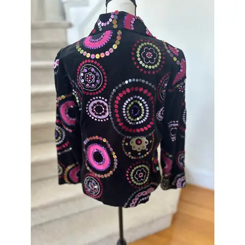 Susan Bristol Vintage Y2K Black Velvet Embroidered Pink Sequin Polka Dot Jacket