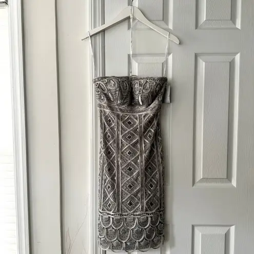 Sue Wong Nocturne Silver Satin Beaded Geo Strapless Mini Cocktail Dress NWT 2