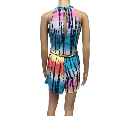 Derek Heart  Tie Dye Criss Cross High Neck Keyhole Tie Belted Shorts Romper Large