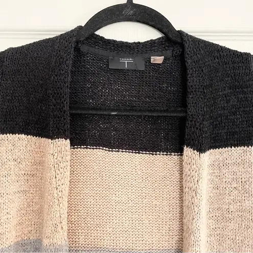 T Tahari Womens S Cozy Cardigan Sweater Open Gray Black Tan Striped Office Work