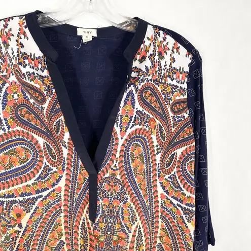 Anthropologie Moth Small Top Paisley Print Orange Navy Blue V Neck Tunic 1141