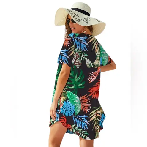 Ekouaer Lace Crochet Summer Beach Cover Up Dress Black Leaf Print Size 2XL NWT Blue