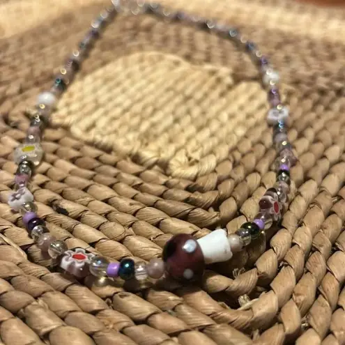Handmade  floral pink tourmaline + seed bead necklace w/ mushroom charm 🍄💜✨