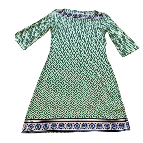 Donna Morgan Green Geometric Print Dress Blue Trim Bell Sleeve A-Line