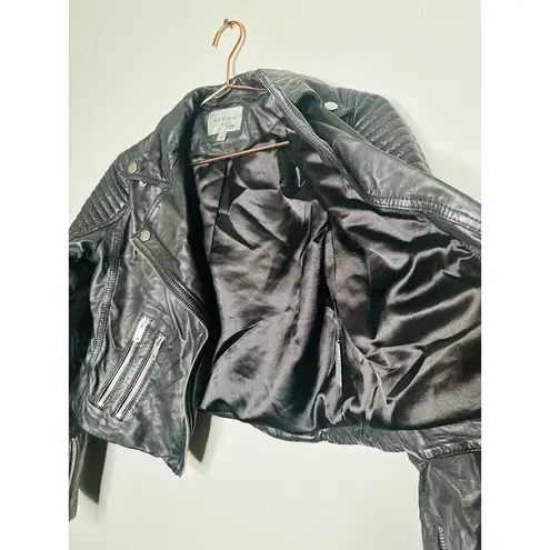 SAMANTHA SIPOS Black Ribbed 100% Leather Biker Cropped Jacket Size Extra Small