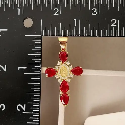 Gold Steel Cross Pendant Crystal Simulated Red Ruby Stones and Virgin Ma…