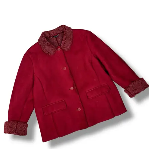 Lands’ End Faux Suede Sherpa Lined Chore Coat Cherry Red XL
