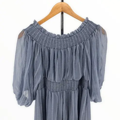 ASOS Maternity Off Shoulder Blue Stripe Mini Dress with Sheer Blouson Sleeve Size undefined