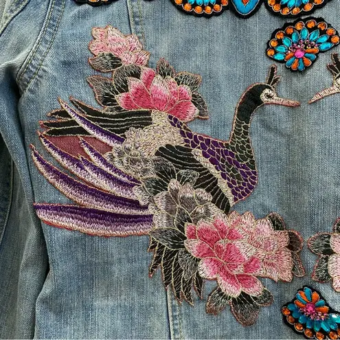 Customized Embroidered Patch Peacock Denim Jean Jacket Size M