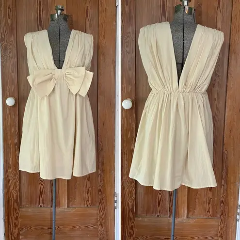 BUCKET LIST Darcy Cream Big Bow Deep V Babydoll Coquette Mini Dress