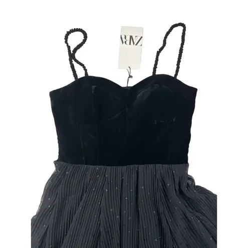 ZARA  - Velvet Corset Top Pleated Mini Dress in Black