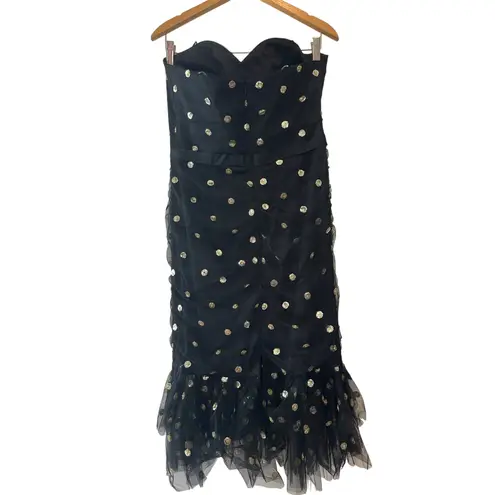 Marchesa Notte Strapless Black Gold Sequin Polka Dot Tulle Midi Dress 8 NWT