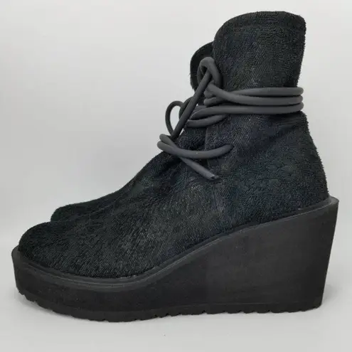 Puro Secret Wedge Platform Textured Leather Ankle Lace Up Boots Size 40 Black