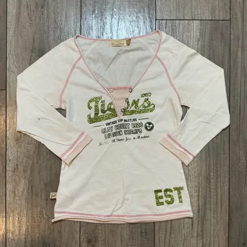 Y2K Disney Tokyo Tigers V Neck Long Sleeve T Shirt Top Glitter Pink Stitch S White