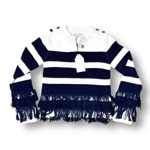 English Factory Anthropologie XS Blue White Striped Fringe Sweater Nautical NWT