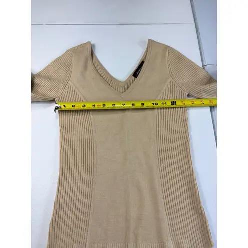 Takeout Bisque V Neck Ribbed Knit Sweater Fitted Long Sleeve Neutral Top Small Tan