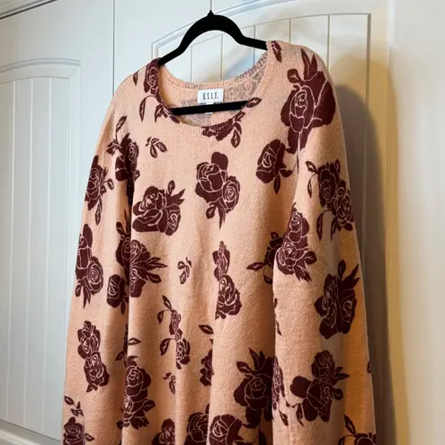 Elle Women's XXL Peach Rose Print Long Sleeve Sweater Cozy Knit Pullover Top