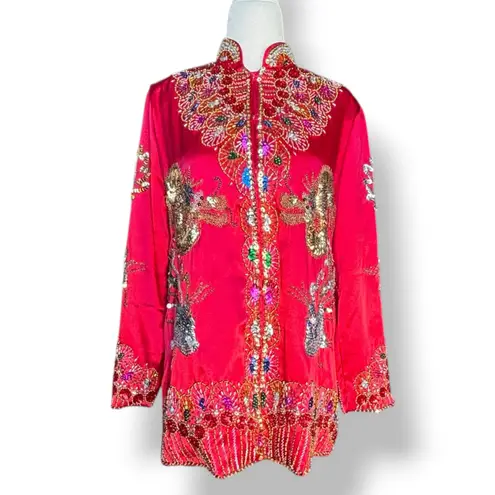 Vintage Red Dragon Phoenix Beaded Silk Asian Jacket Hand Embellished 80s 90s