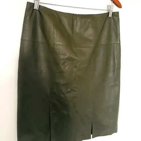 Worth New York Fern Green Leather Seamed Slim Zippered Lined Midi Skirt Luxe 10