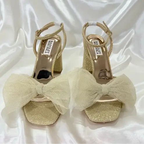 Badgley Mischka Tess Tulle Bow Sandals Heels 6.5 Gold Glitter Party Coquette New