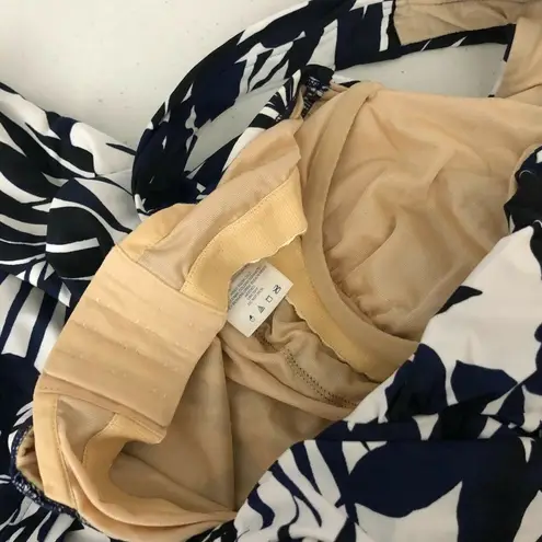 Lands' End  Tankini Top Underwire Tummy Control Floral Square Neck Navy White 6