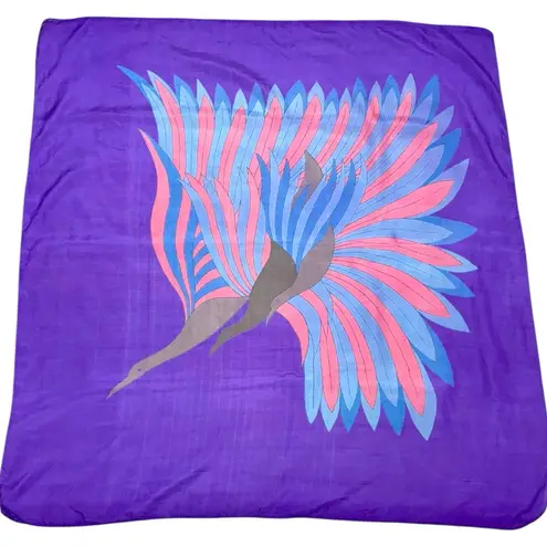 Vintage Purple Abstract Peacock Print Silk Scarf Hand Rolled Edges 40x40" EUC