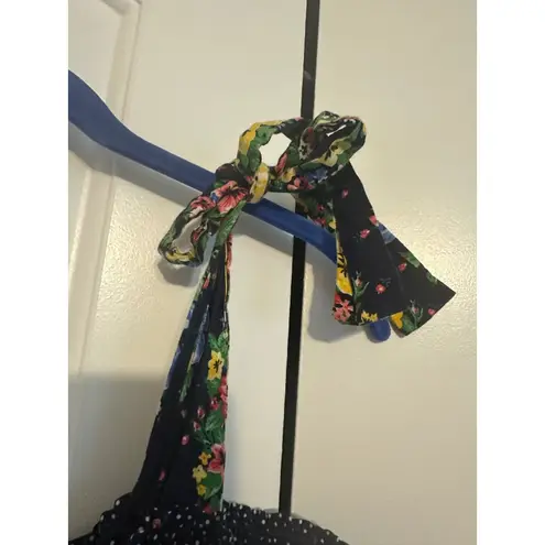 Vintage Floral Maxi Dress Navy Blue Polka Dot Smocked Tie Strap Summer Casual Size XL