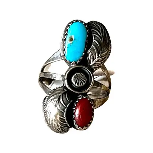 None Vintage sterling silver turquoise and coral Native American ring size 6.5