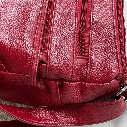 Pebbled Cherry Red Leather Crossbody Bag with Pockets & Adjustable Strap
