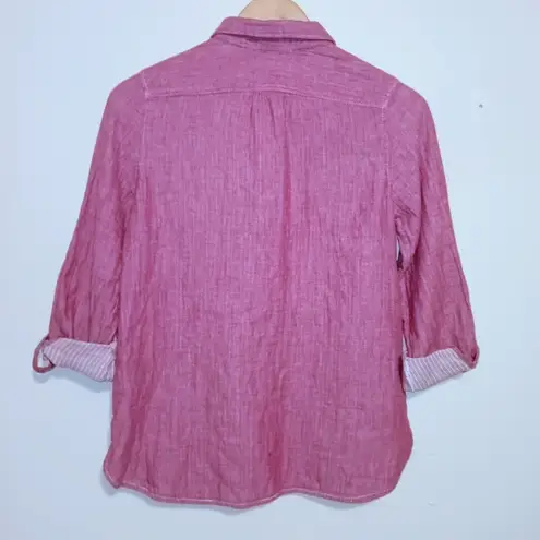 Mary McFadden Button Down Chambray Shirt-Petite Small-Roll Tab-Contrast Trim