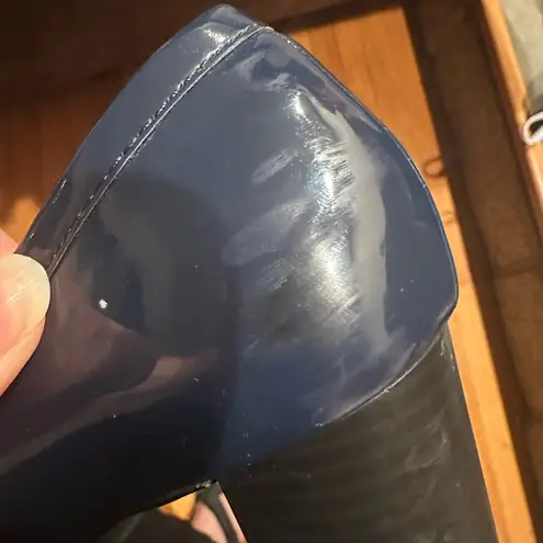 Bandolino Navy Patent Leather Penny Loafers 3 Inch Block Heels Sz 8