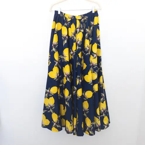 Womens Maxi Skirt Size S Navy Yellow Lemon Print Coastal Resort Maximalist Boho Blue
