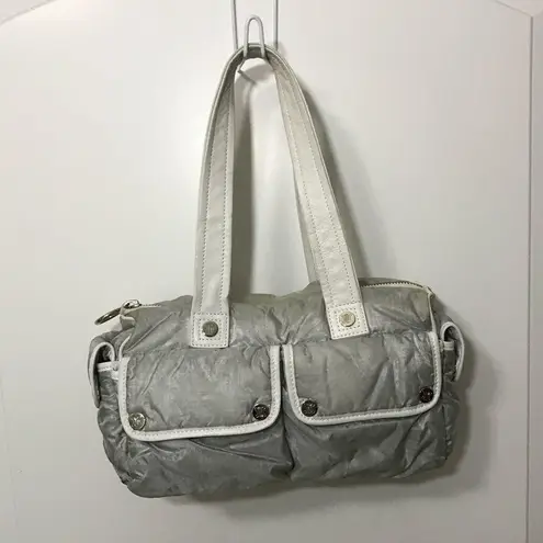 CELINE Triomphe Silver Nylon with Leather Handles and Trim Vintage EUC